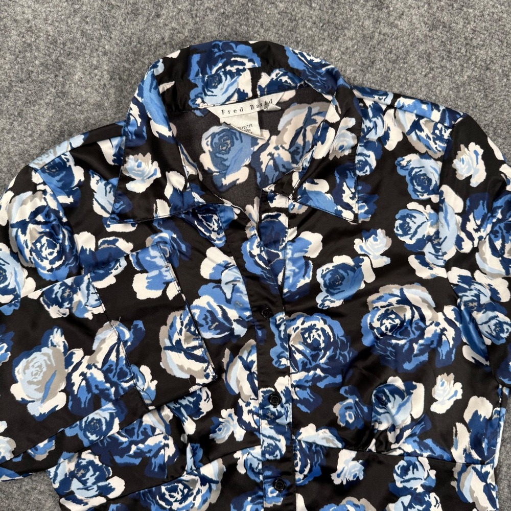 Fred David Shirt XSmall Black Floral Blue Rose Print Button Up Long Sleeve Women